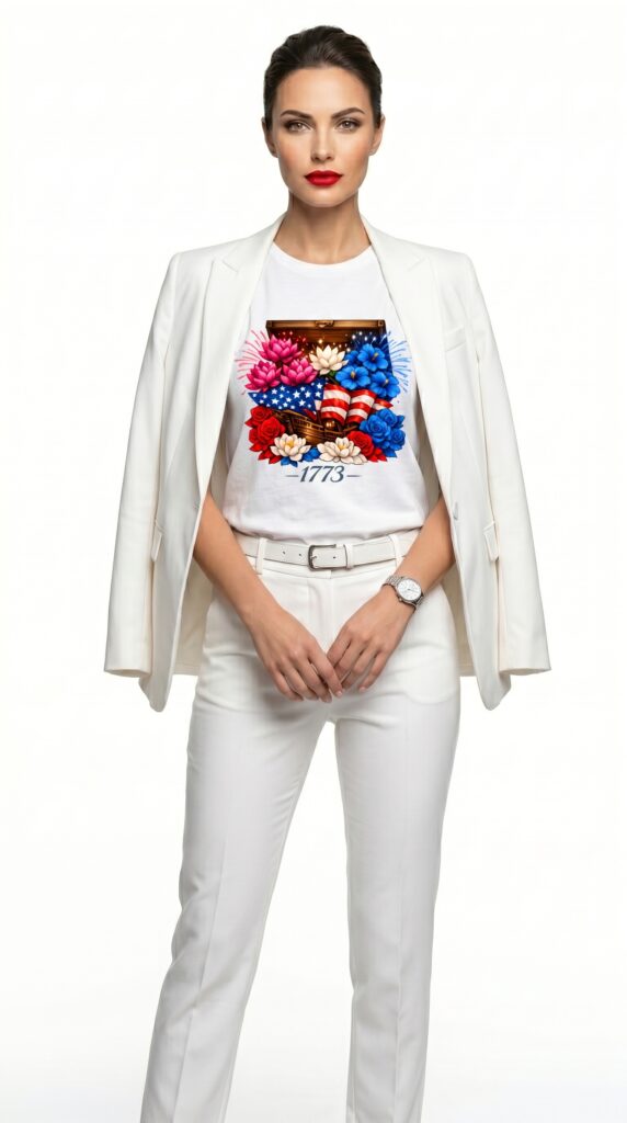 Professional woman in a white blazer and white t-shirt featuring a colorful floral graphic design by Blackline Co