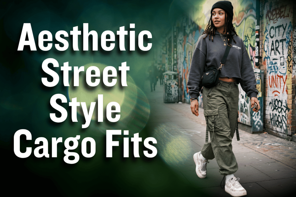 Aesthetic street style outfit with baggy cargo pants and oversized hoodie