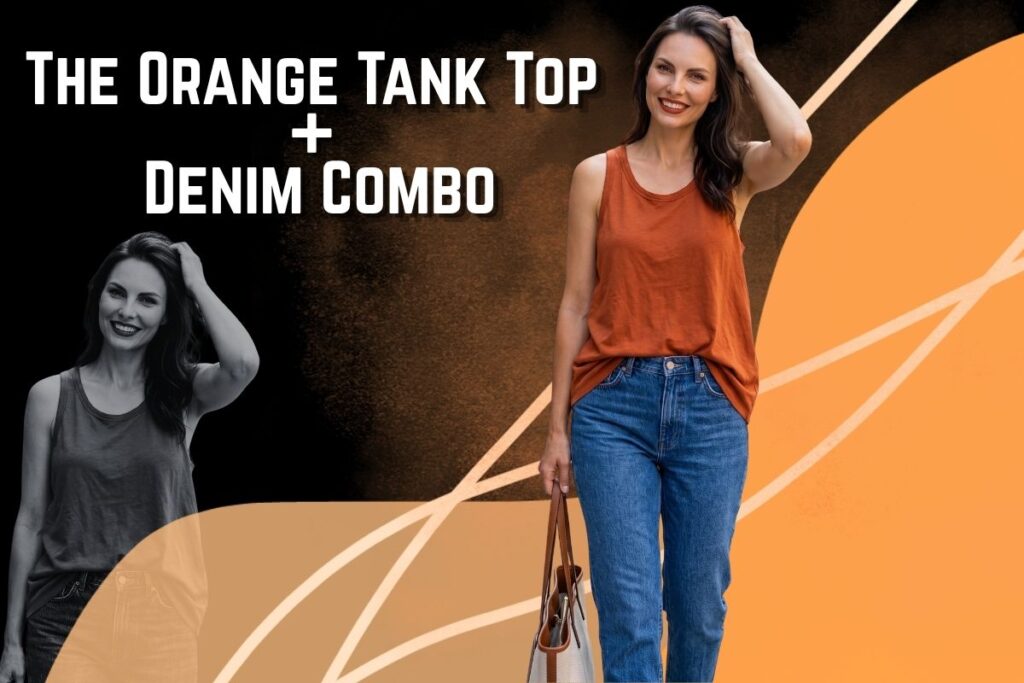 Woman wearing orange tank top and blue denim jeans, casual street style outfit