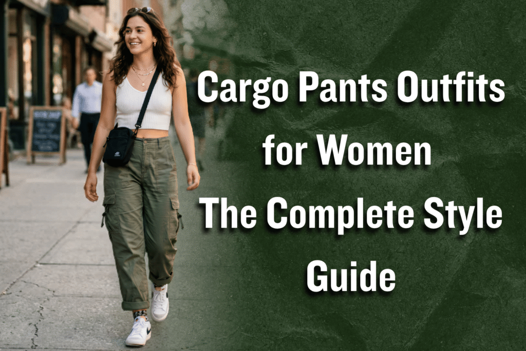 Woman wearing olive green cargo pants outfit walking on city street