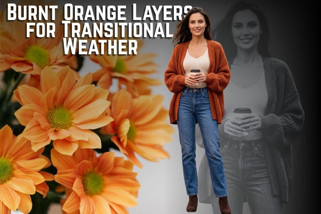 Woman wearing burnt orange cardigan layered over cream top, transitional outfit