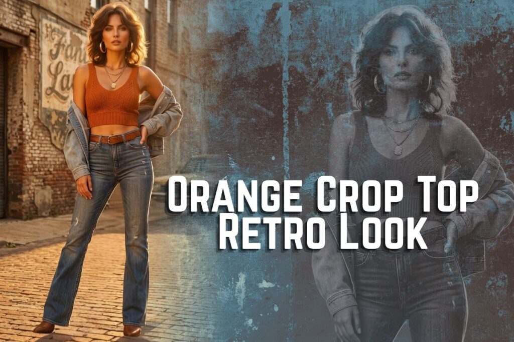 Woman wearing orange crop top and high-waisted jeans, retro 70s style