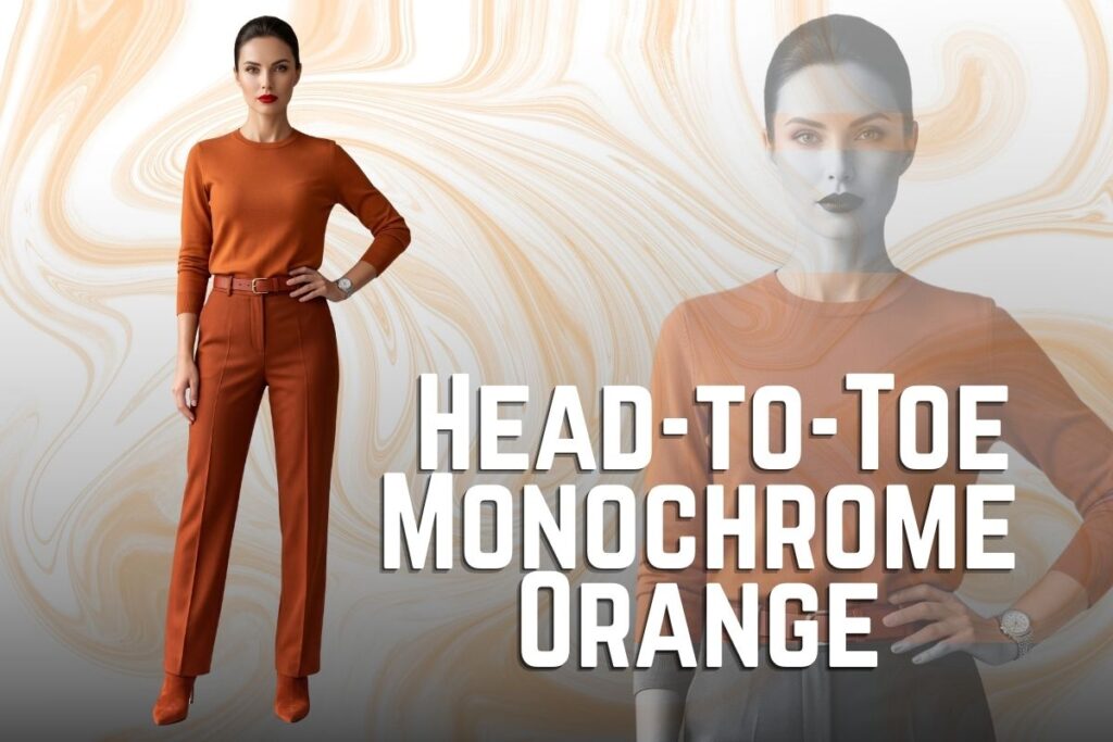 Woman wearing full monochrome orange outfit, tonal styling