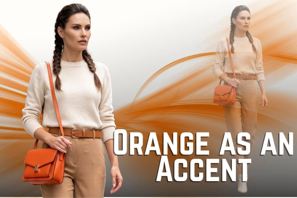 Neutral outfit with single bold orange accessory as statement piece