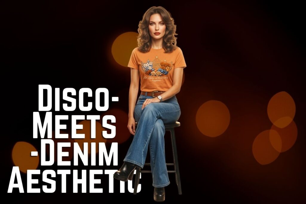 Woman wearing orange graphic top and flared denim, retro disco style