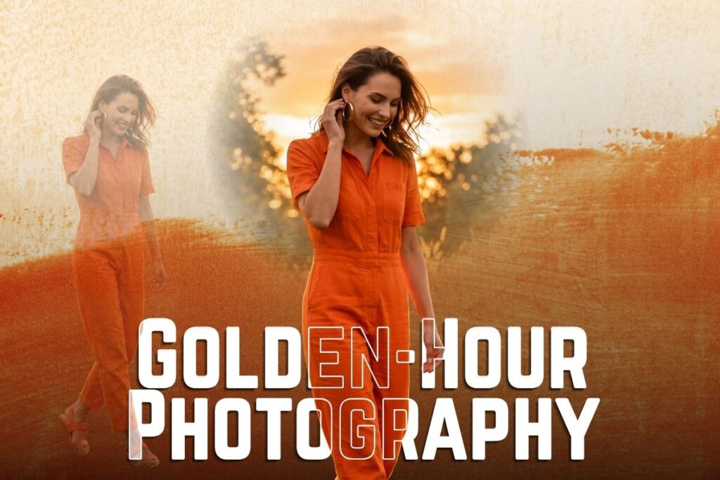 Woman in orange outfit during golden hour sunset lighting