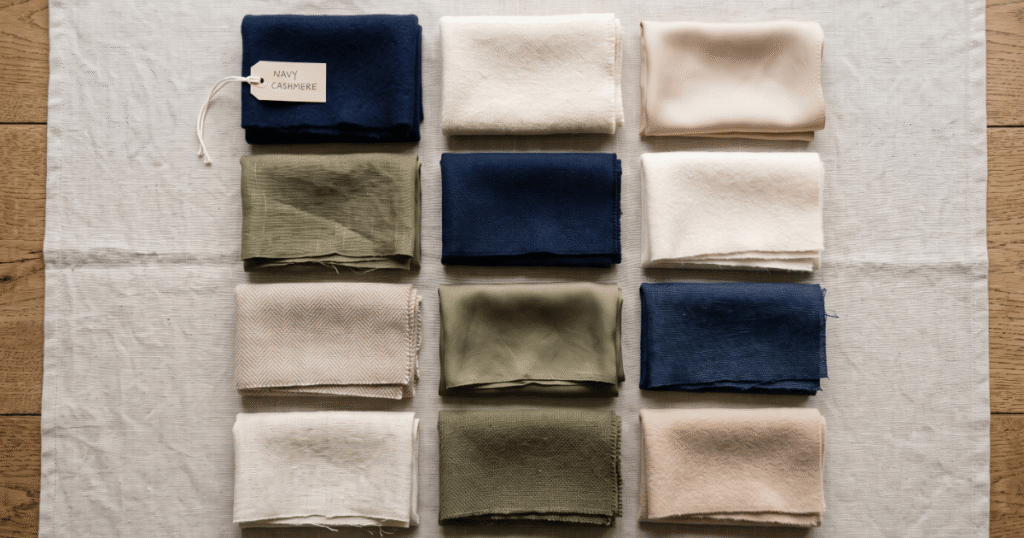 Old Money Style Colors and Fabrics Old money fashion style neutral fabric swatches in cashmere and wool