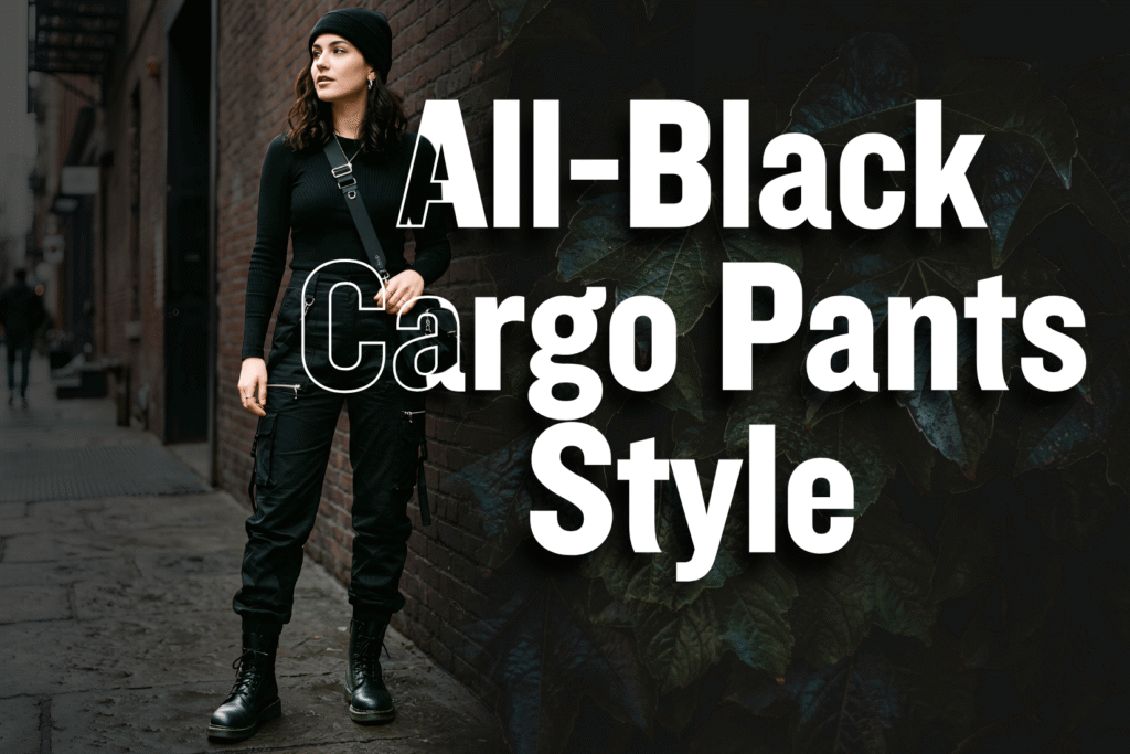 All black cargo pants outfit with fitted top and boots