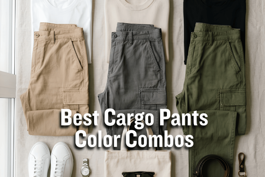 Flat lay of tan, gray, and olive cargo pants color combinations