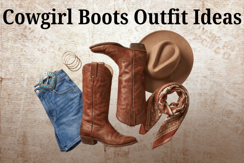 Cowgirl outfit ideas flat lay with cowboy hat, boots, and denim mini skirt