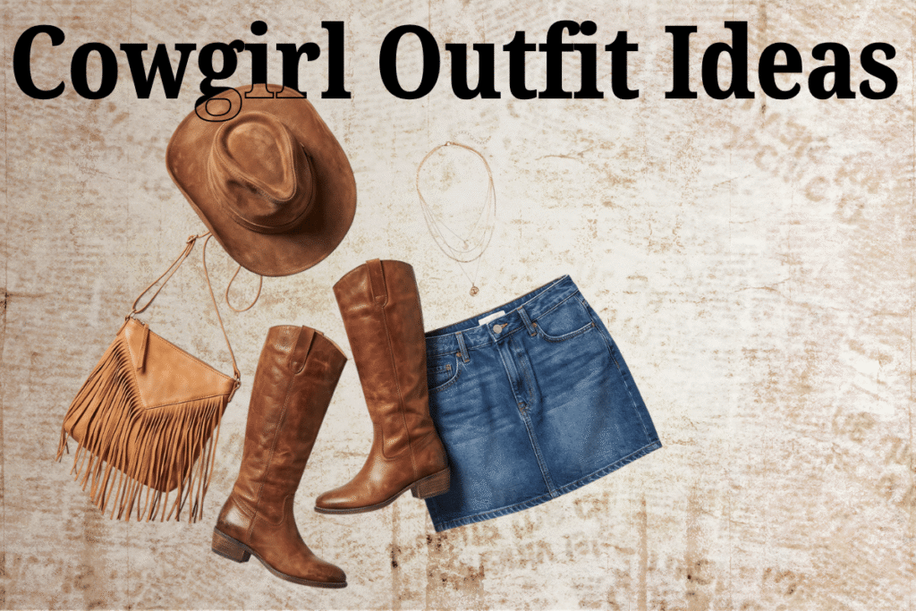 Cowgirl outfit ideas flat lay with cowboy hat, boots, and denim mini skirt