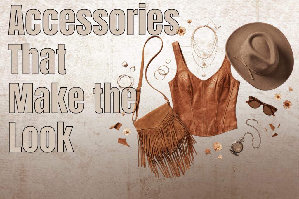 Cowgirl outfit ideas flat lay with cowboy hat, boots, and denim mini skirt