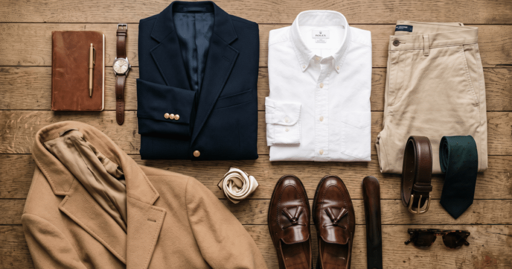 Old Money Style Essentials for Men Old money fashion style wardrobe staples for men flat lay