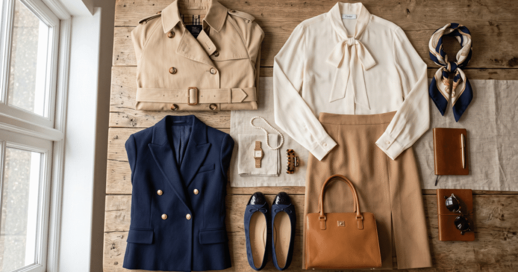 Old Money Style Essentials for Women Old money fashion style wardrobe staples for women flat lay