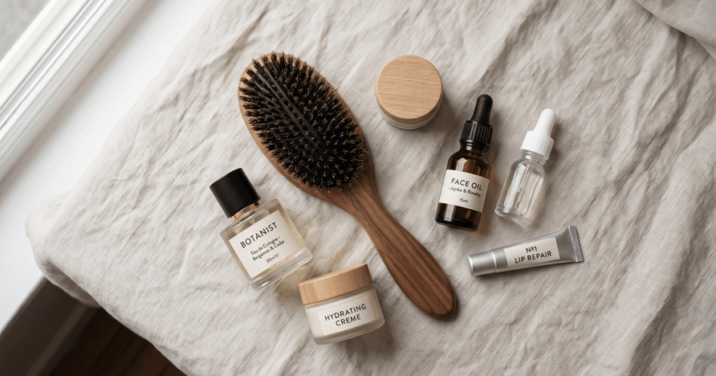 Old Money Style Grooming Essentials Old money fashion style natural grooming essentials flat lay
