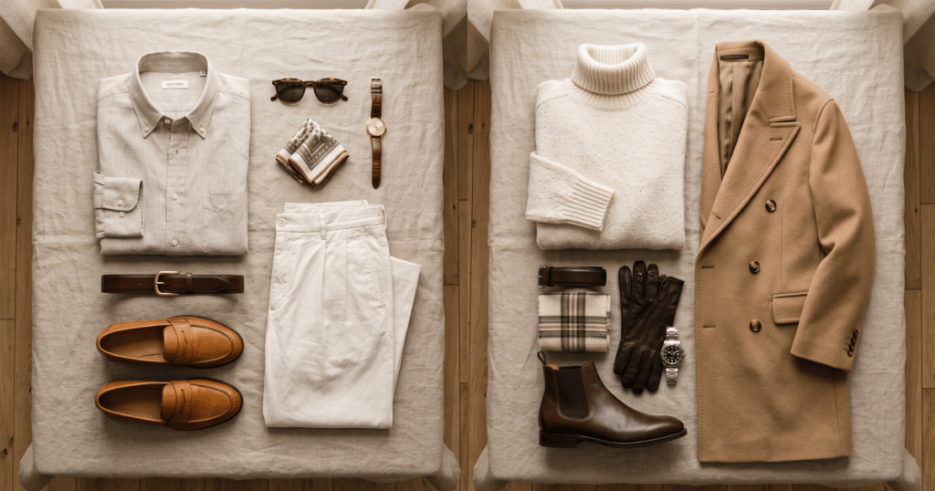Old Money Style Through the Seasons Old money fashion style summer and winter outfit comparison