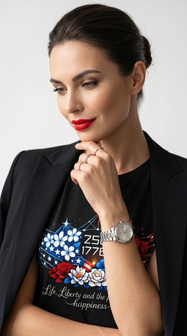 Close-up of a woman in a black blazer wearing a Blackline Co patriotic graphic t-shirt with flowers and stars