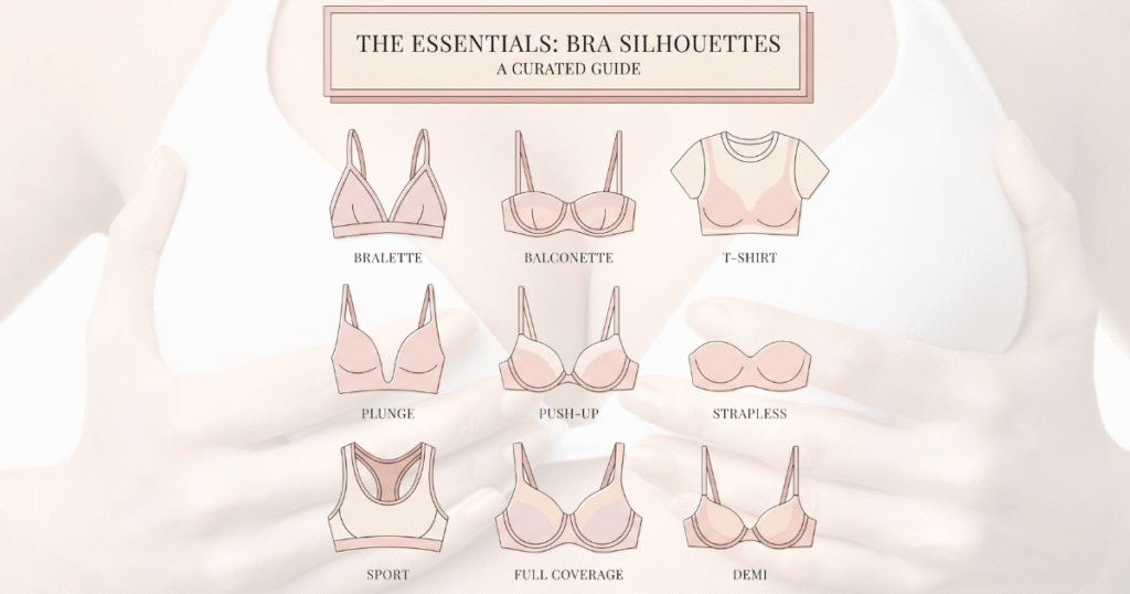 Bra types explained flat lay illustration with assorted bra silhouettes