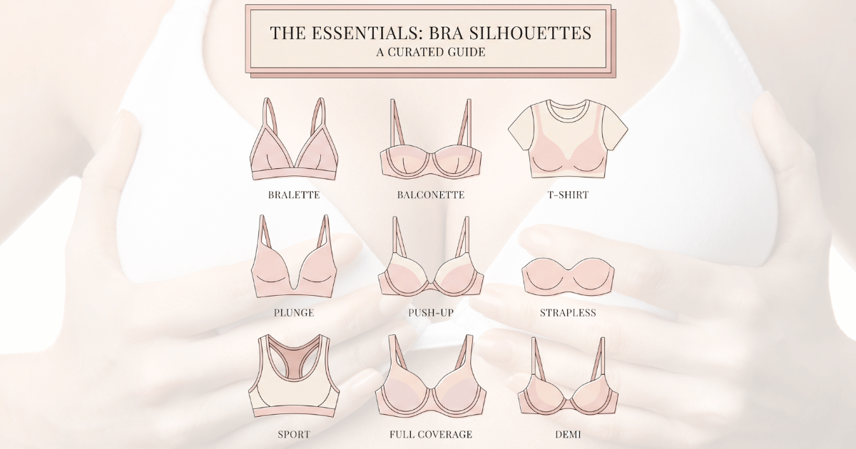 Bra types explained flat lay illustration with assorted bra silhouettes