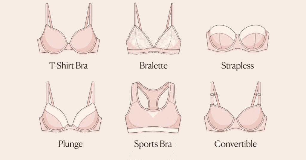 Bra types explained flat lay illustration with assorted bra silhouettes