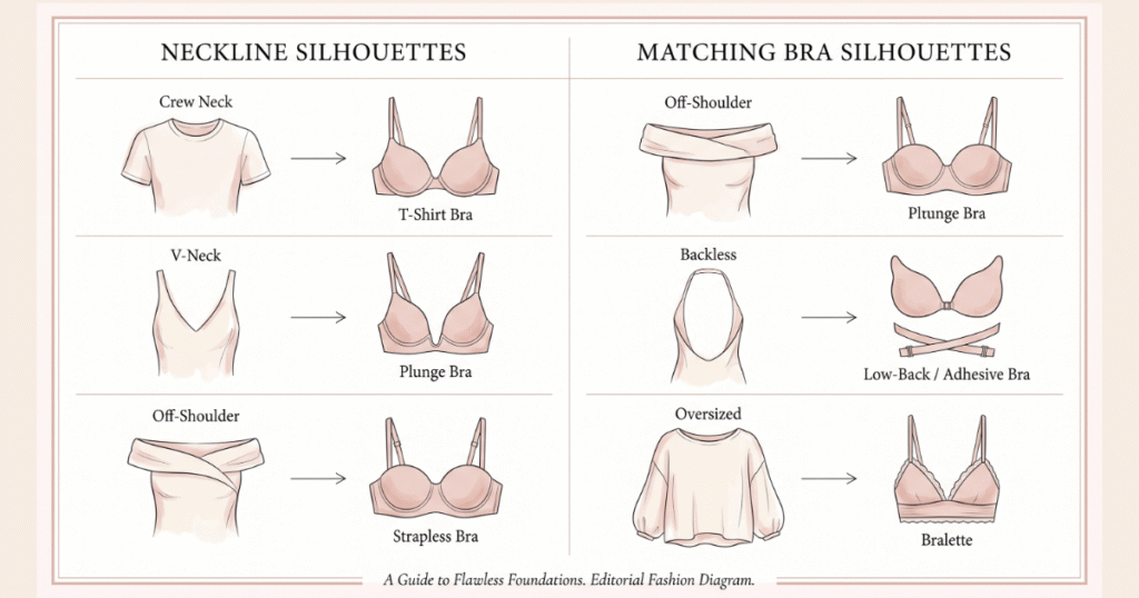 Bra types explained flat lay illustration with assorted bra silhouettes