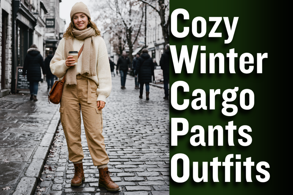 Winter cargo pants outfit with oversized sweater and boots