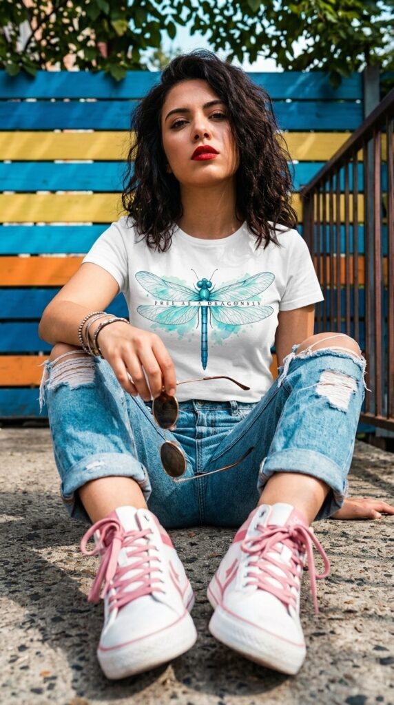 Woman sitting on a rustic bench wearing a Blackline Co white t-shirt with a blue dragonfly graphic design and ripped jeans