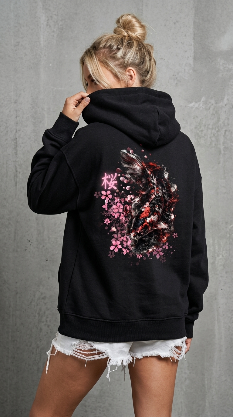 Blackline Co artistic black hoodie featuring intricate koi fish and cherry blossom graphic design on the back