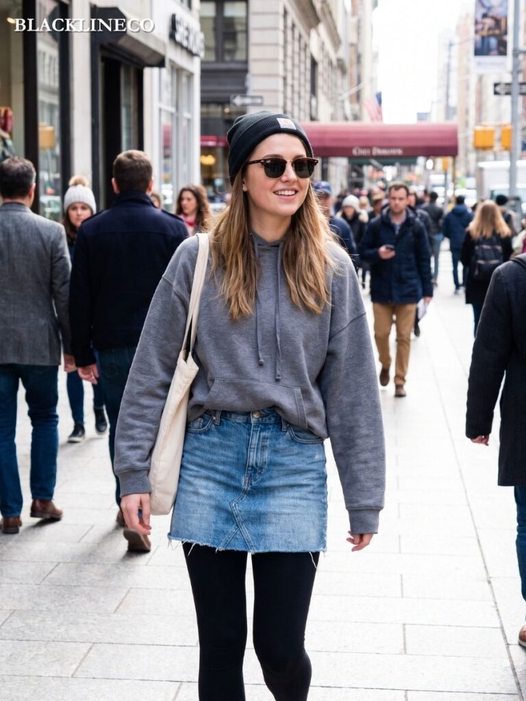 Woman wearing a casual denim mini skirt over leggings with an oversized hoodie