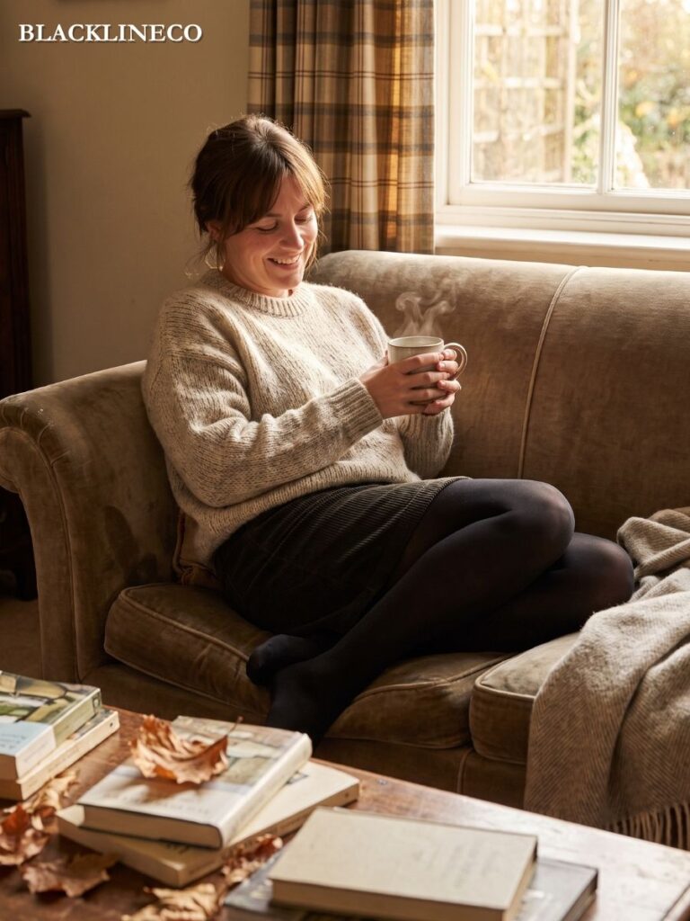 Cozy skirt and tights outfit layered with an oversized sweater