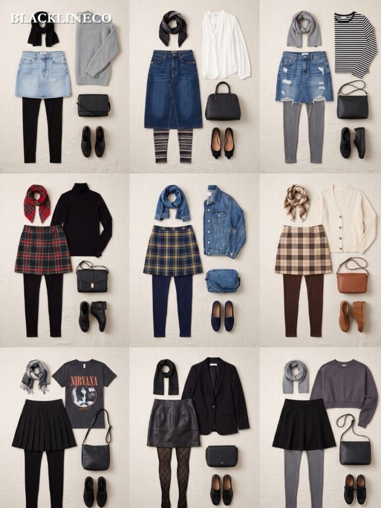 Grid of skirt and leggings outfit ideas in denim, plaid, and black