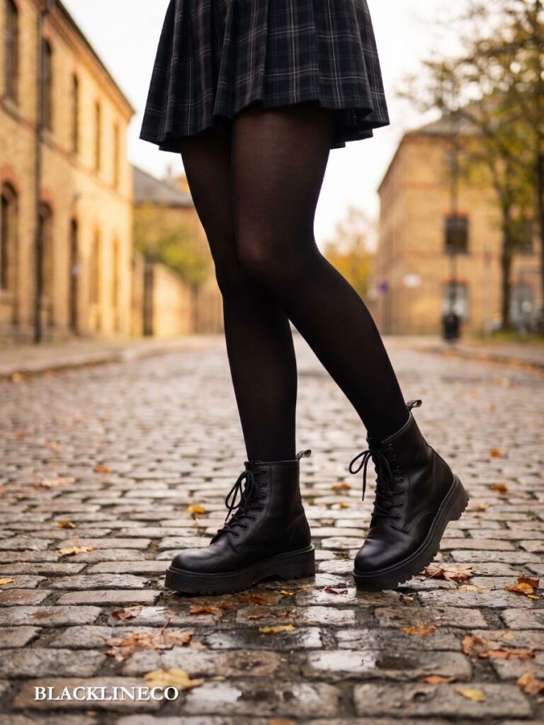 Skirt, tights, and ankle boots outfit close-up