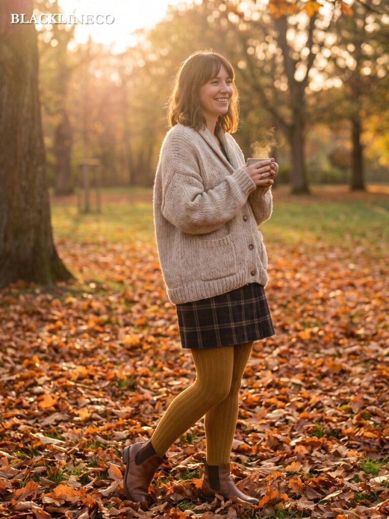 Plaid skirt and leggings outfit for fall with a cardigan