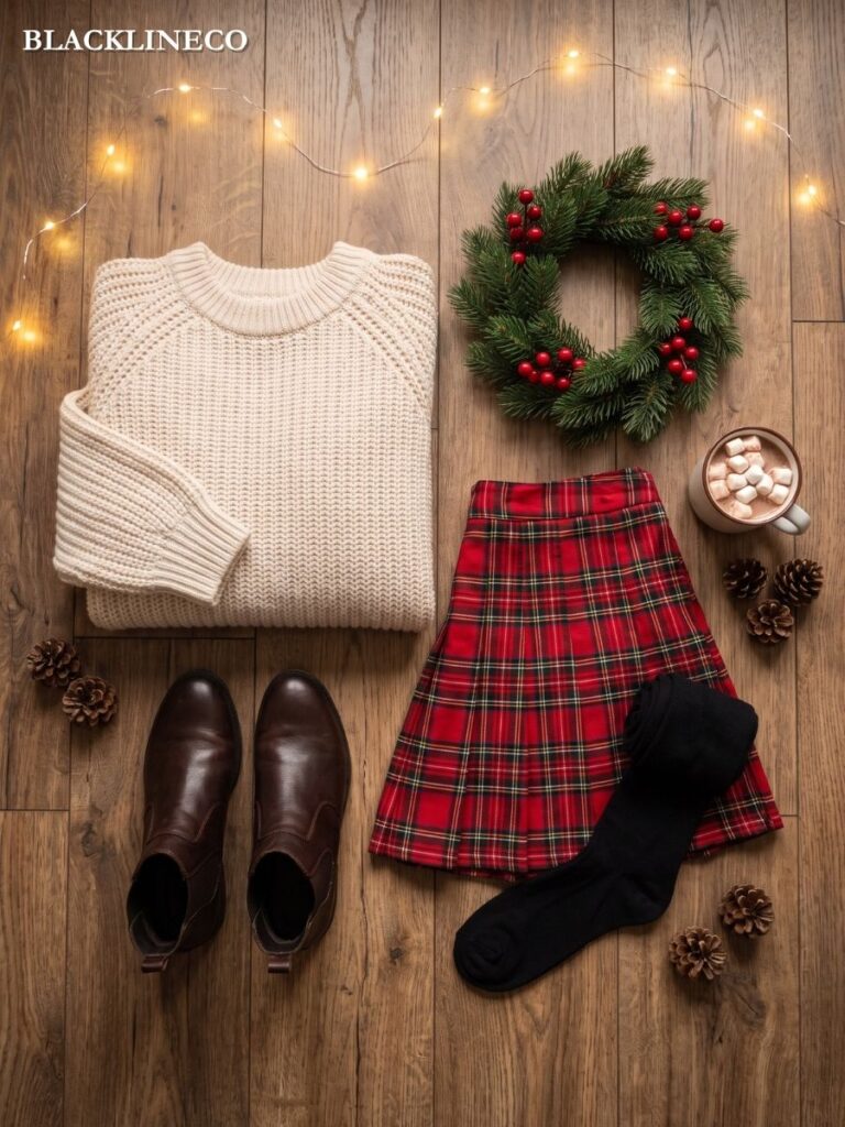 Red plaid skirt and black tights holiday outfit flat lay