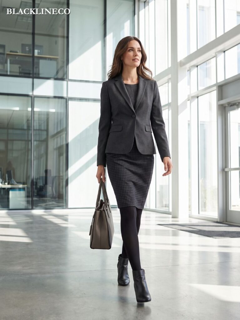Pencil skirt and black tights office outfit with blazer