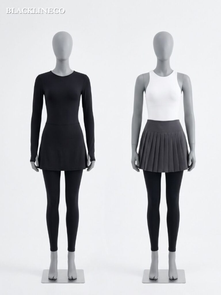 Comparison of attached skirt-legging piece versus separate skirt and leggings