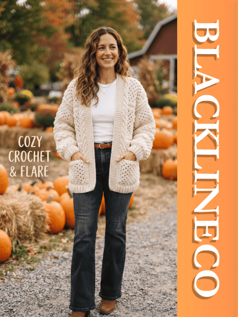 Woman wearing a cream crochet cardigan and flared denim jeans near a pumpkin patch with text COZY CROCHET & FLARE