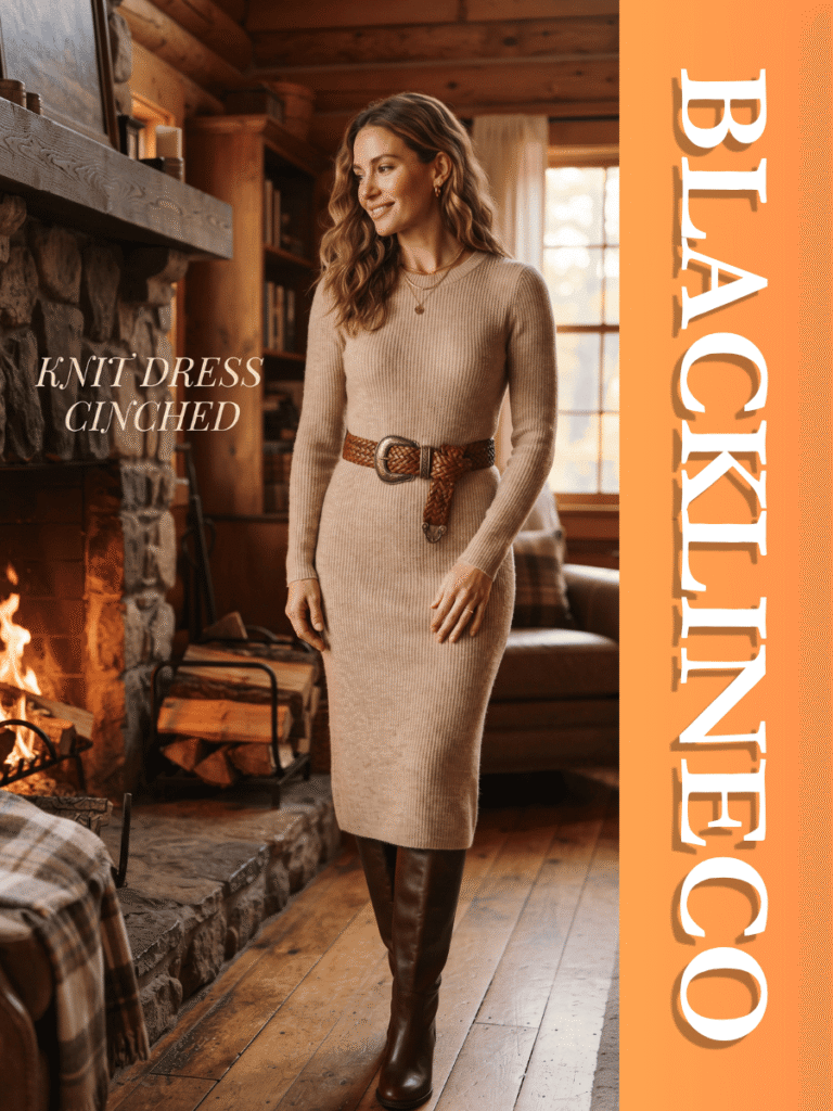 Woman near a fireplace wearing a fitted knit midi dress and a wide leather belt with text KNIT DRESS CINCHED