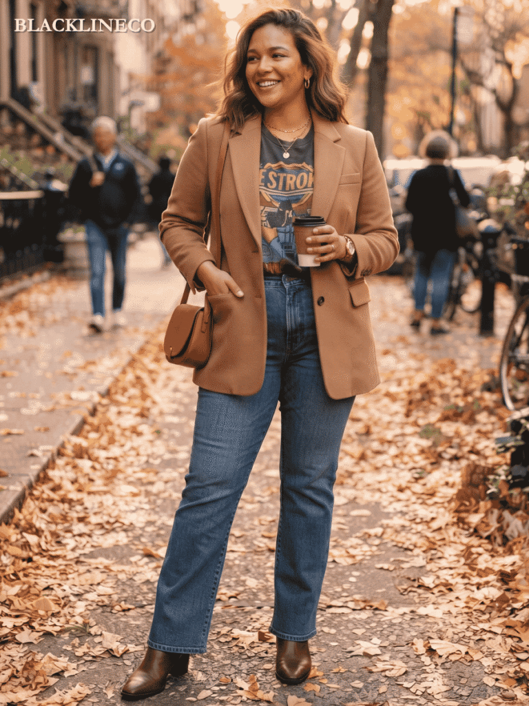 Plus Size Fall Outfit - Blazer and Graphic Tee Plus size fall outfit with blazer over graphic tee and jeans