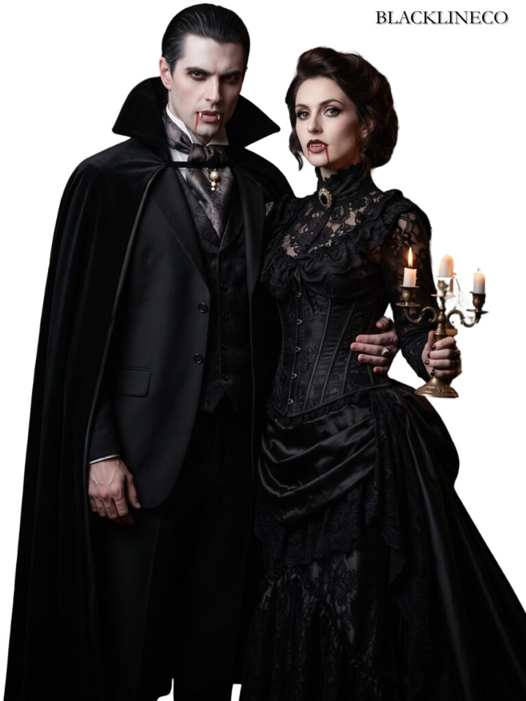 Sophisticated gothic vampire couple formal wear Halloween costume