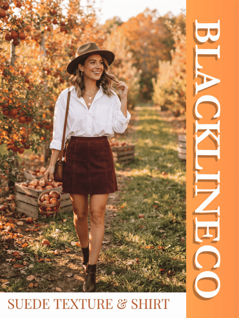 Woman in an apple orchard wearing a burgundy suede mini skirt and a loose white button-down with text SUEDE TEXTURE & SHIRT