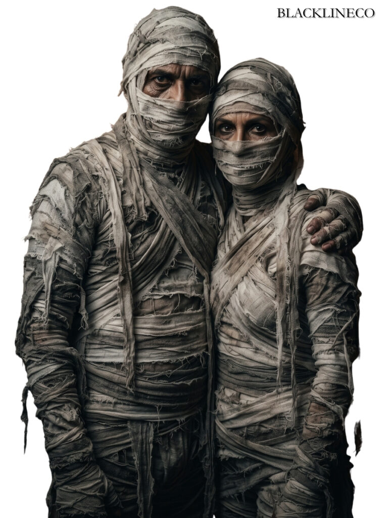Ancient cursed mummy couples Halloween costume wrapped in bandages