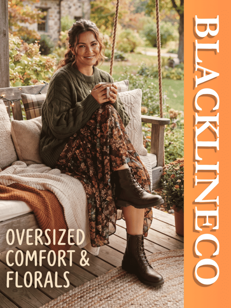 Woman on a porch swing wearing an olive cable-knit sweater over a floral midi dress with text OVERSIZED COMFORT & FLORALS