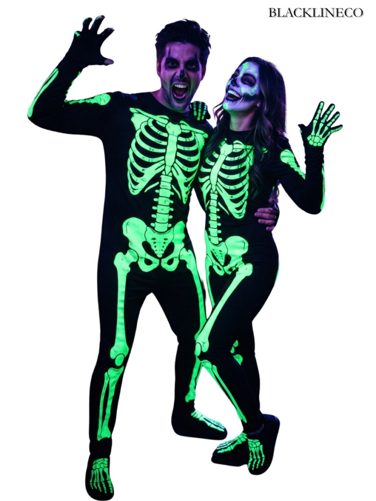 Matching glow-in-the-dark skeleton costume for couples