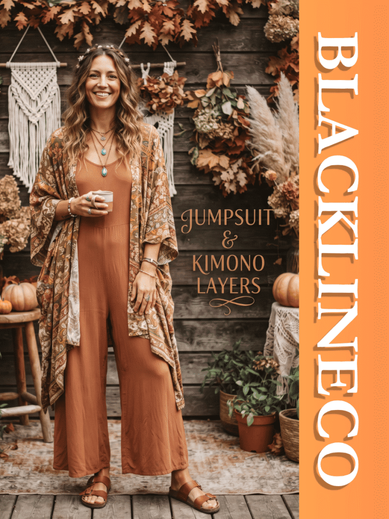 Woman in a terracotta jumpsuit and patterned vintage kimono with text JUMPSUIT & KIMONO LAYERS