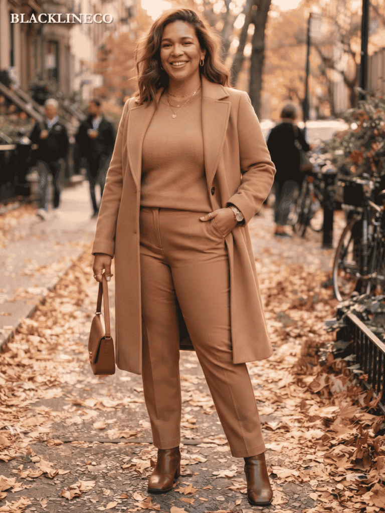 Plus Size Fall Outfit - Monochrome Coat Plus size fall outfit with camel coat over monochrome look