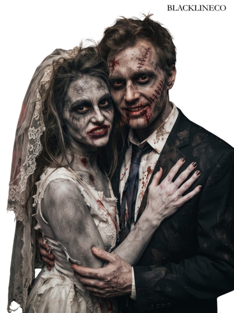 Zombie bride and groom thrifted costume ideas with distressed makeup