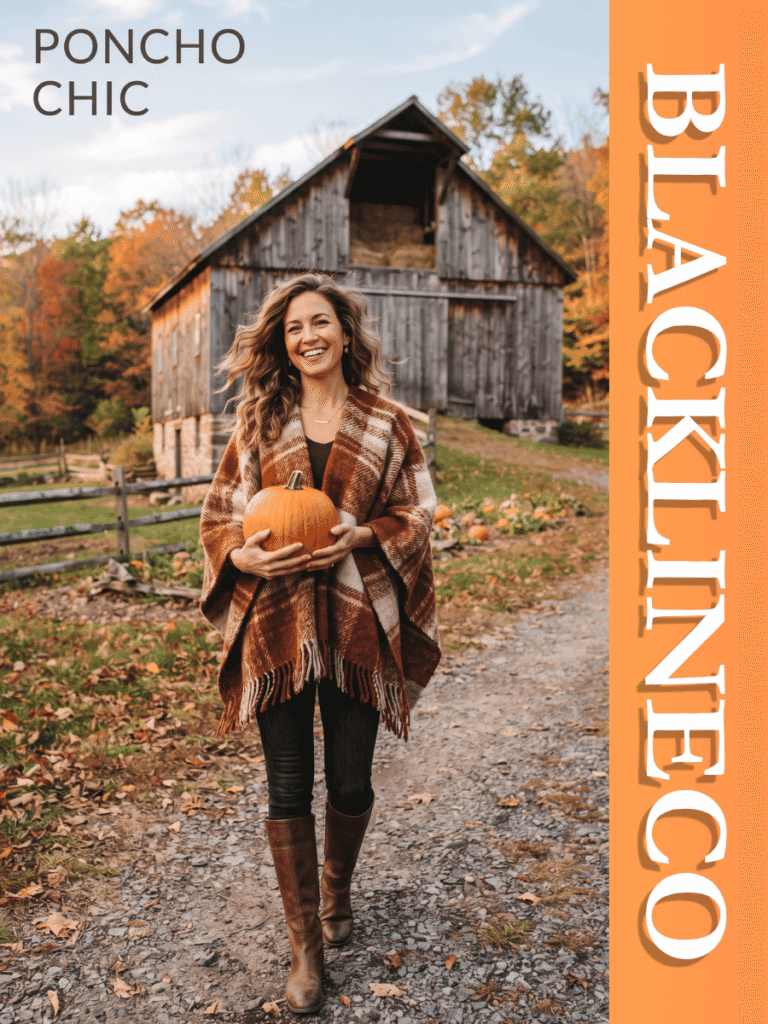 Woman holding a pumpkin in front of a barn wearing skinny jeans, riding boots, and a fringed poncho with text PONCHO CHIC