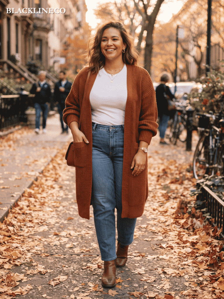 Plus Size Fall Outfit - Oversized Cardigan Plus size fall outfit with oversized rust cardigan and jeans