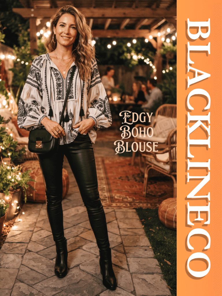 Woman under patio lights wearing a patterned boho blouse and black leather leggings with text EDGY BOHO BLOUSE